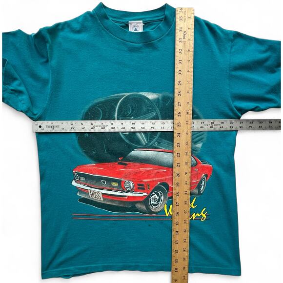 Vintage Wild Stang Ford Mustang Boss Fastback Single Stitch Teal Car USA T Shirt - Picture 14 of 14
